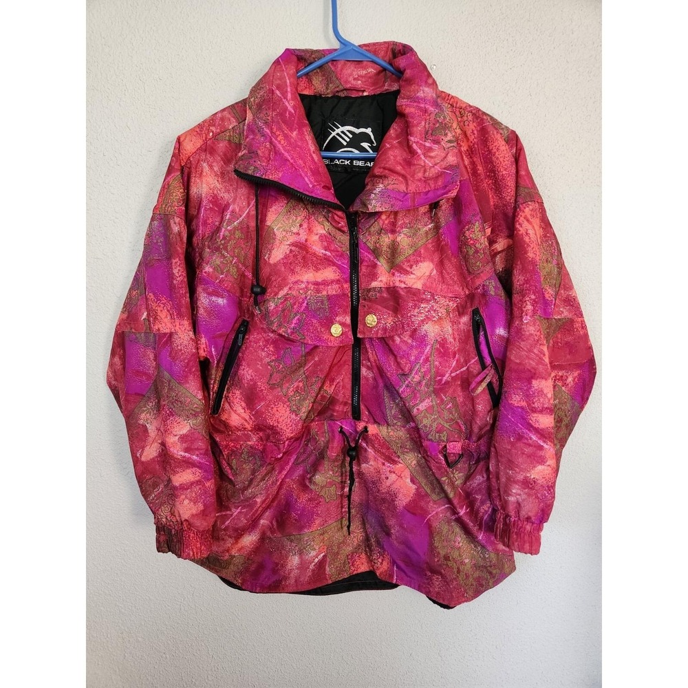 Vintage Black Bear Ski Jacket LS Womens 10 Pink Abstract Splash All Over Print